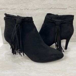 Thalia Sofia Black Suede Womens Ankle Boots with Tassel Detail Stiletto Heel‎
